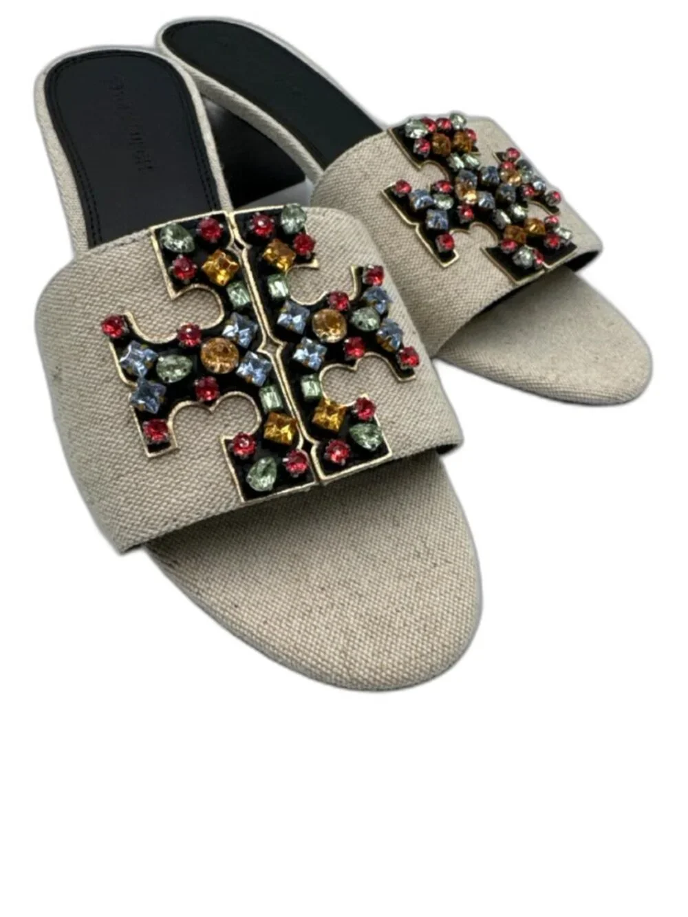 TORY BURCH Ines Embellished Linen Leather Mules 9.5 Rhinestone $300